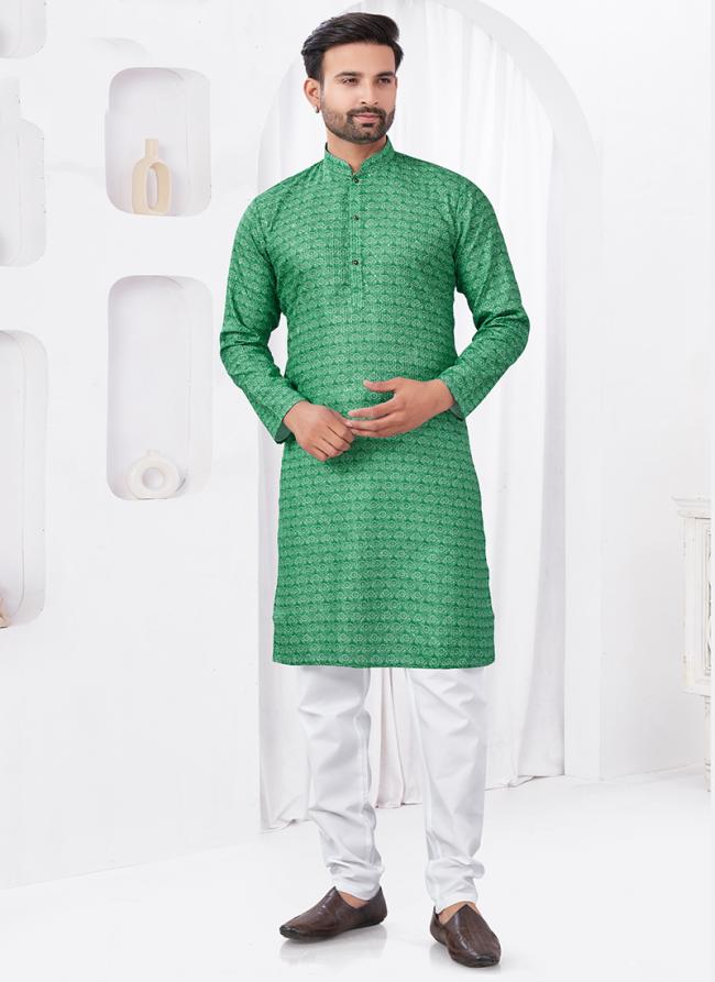 Rayon Cotton Green Ceremonial Wear Printed Readymade Kurta Pajama